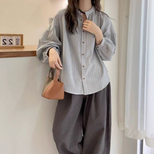 Autumn Striped Lantern Sleeve Loose Shirt Casual Jacket Loose Slimming Japanese Style Small Stand Collar Women's Top
