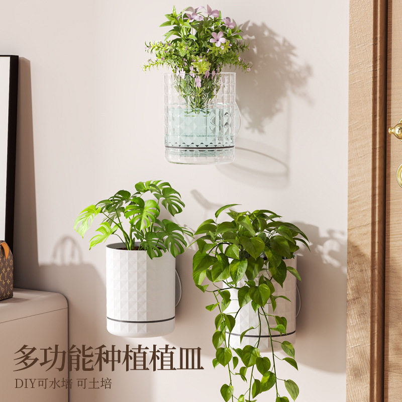 Self-Absorbing Wall-Mounted Hanging Basket, Wall-Mounted Flower Pot for Office Balcony, Soil Culture, Hydroponic Green Plants and Florals, Punch-Free Wall-Mounted Potted Plants