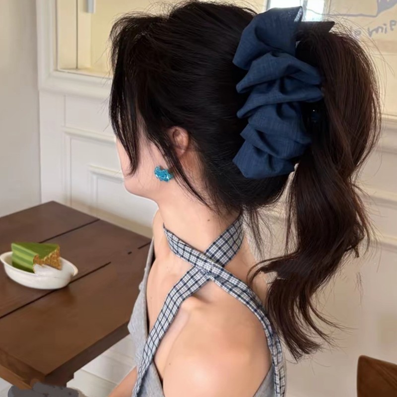 新しい 13cm 大きなデニム バブル グリッパー、夏の甘くてスパイシーなスタイルのプリーツ デニム ヘアピンは後頭部に非常に目立ちます|undefined