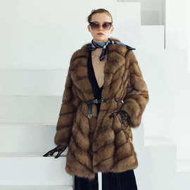 俄罗斯黑貂貂皮真皮草外套中长款大衣西装领斜纹2025时尚炸街显瘦