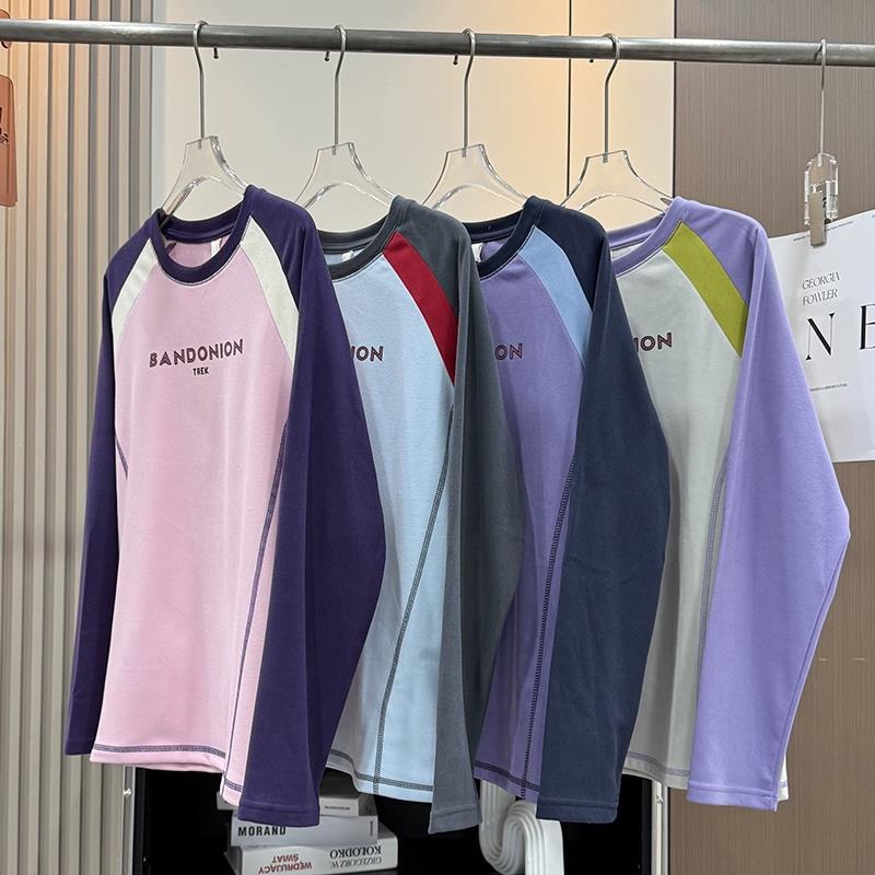 情侣秋冬撞色拼接德绒保暖舒适圆领长袖打底T恤套头衫     10025