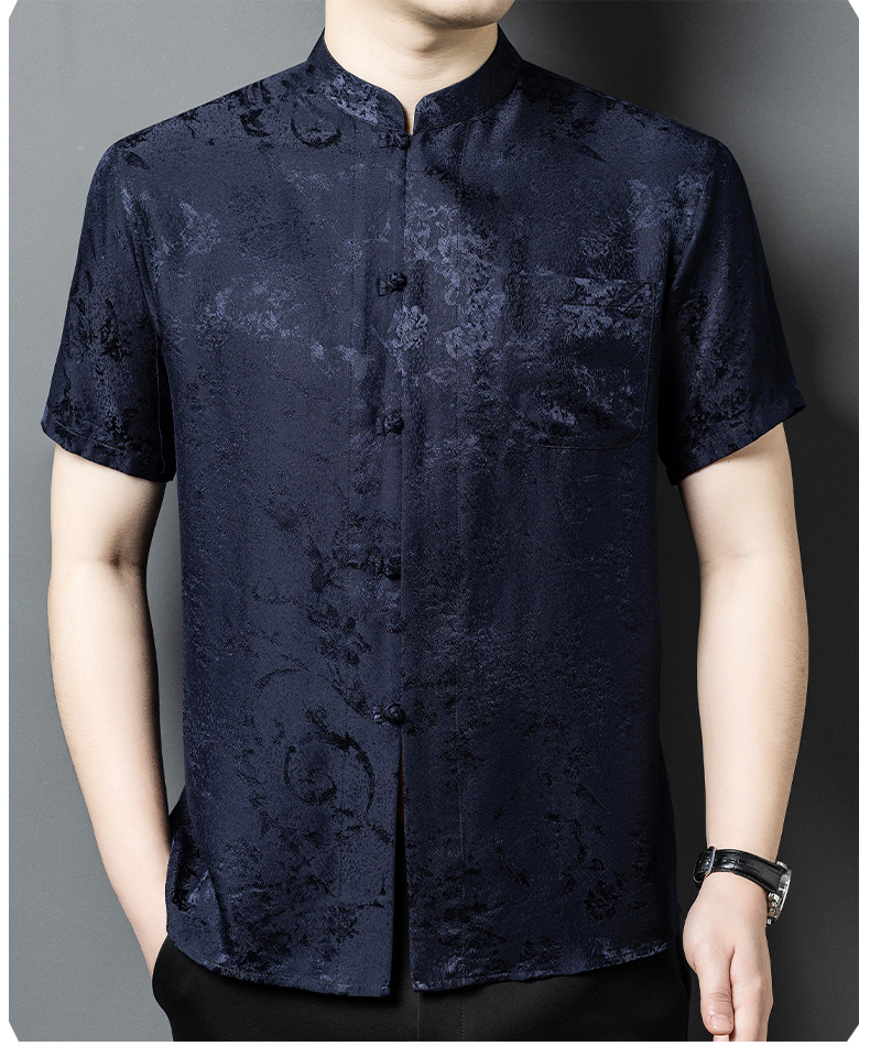 Áo sơ mi nam cổ đứng tay ngắn chất lụa tơ tằm jacquard phong cách Trung Hoa — Màu xám 25169 chi tiết 12