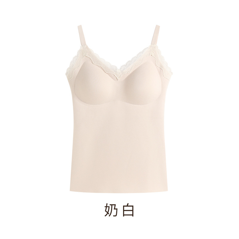 新款秋冬蕾丝吊带羊绒蚕丝保暖背心女带胸垫一体内搭外穿打底上衣|undefined