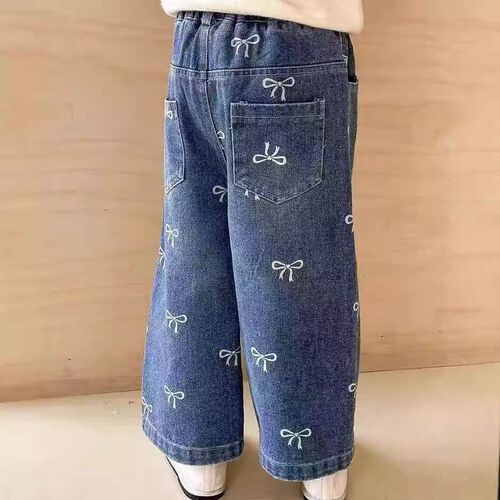 Women's Autumn New Straight Leg Jeans 2025 Korean Star Style Girls Full Print Bowknot Loose Casual Pants
