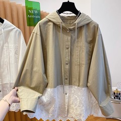 设计感春秋新款下摆蕾丝拼接长袖连帽衬衫外套女装百搭休闲衬衣潮
