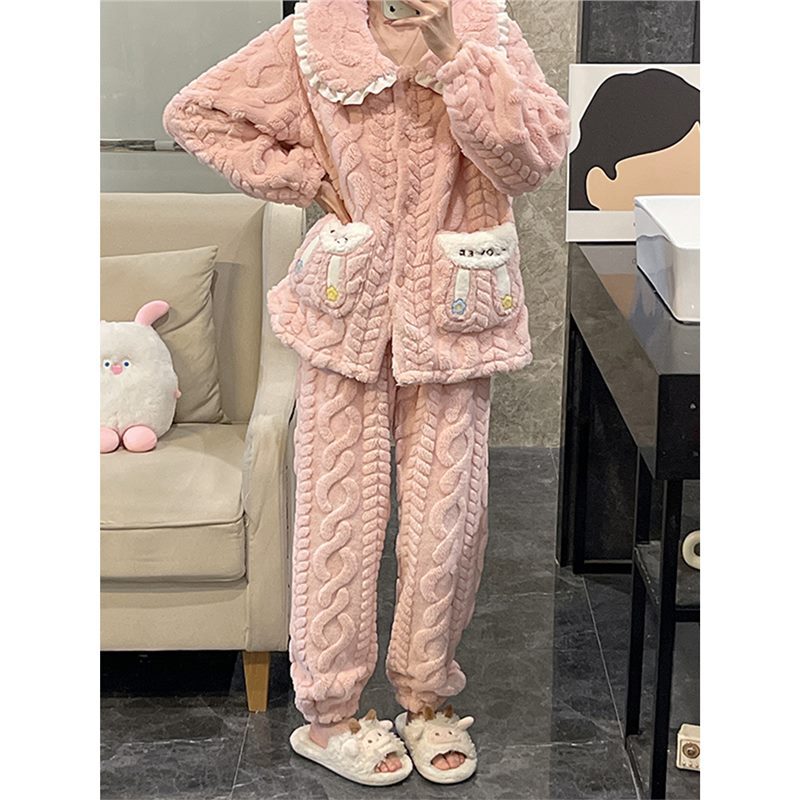 秋冬季珊瑚绒睡衣女款大码加厚保暖法兰绒可外穿春粉红家居服套装|undefined