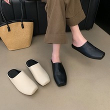 方头外穿猪鼻子半拖鞋女鞋时尚包头穆勒平底ins网红内增高拖鞋女