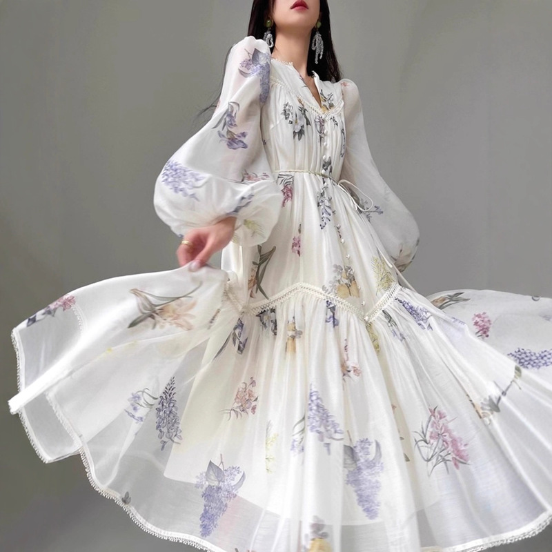 Large Skirt French Printed Girly Dress Summer Lace Loose Doll Princess Dress for Women