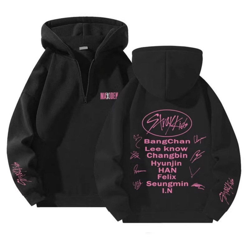 2026 New Model Stray Kids Letter X Printed Hoodie Quarter-Zip Fleece Sweatshirt