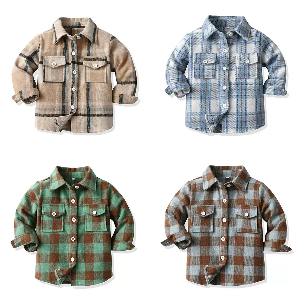 跨境欧美儿童格子磨毛长袖开衫秋季翻领单排扣上衣2025休闲外套