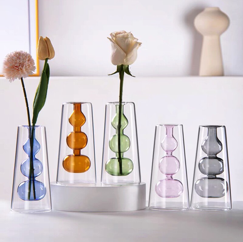 Nordic Retro Double-layer Stained Glass Vase Gourd Hydroponic Flower Decoration Ornaments Homestay Online Celebrous Shop Decoration