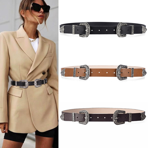 Elegant and Fashionable Men and Women's Belts with Dual Buckle Decorative Engraved Clips, Perfect for Pairing with Retro Jeans