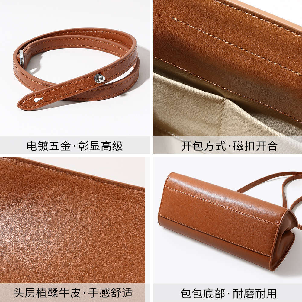 French Style Underarm Bag Luxury Genuine Leather Women's Handbag New Vegetable Tanned Cowhide Clutch Simple Crossbody Bag - Thumbnail 4