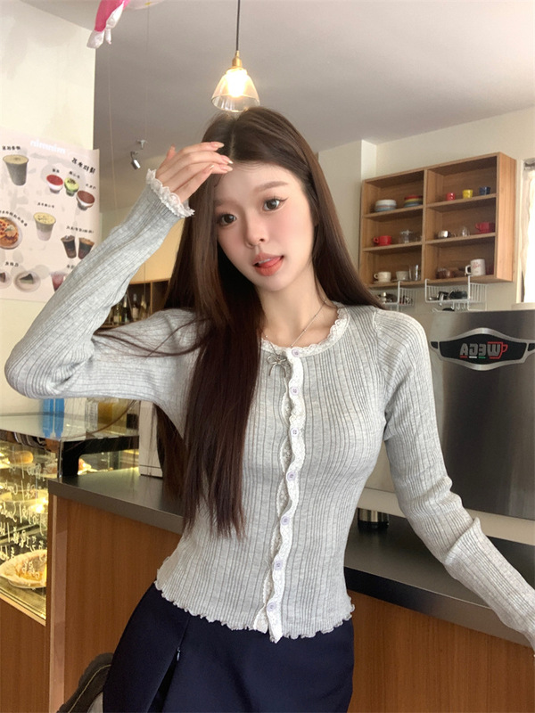 小个子短款蕾丝花边圆领长袖针织衫上衣女装修身显瘦开衫毛衣秋季|undefined