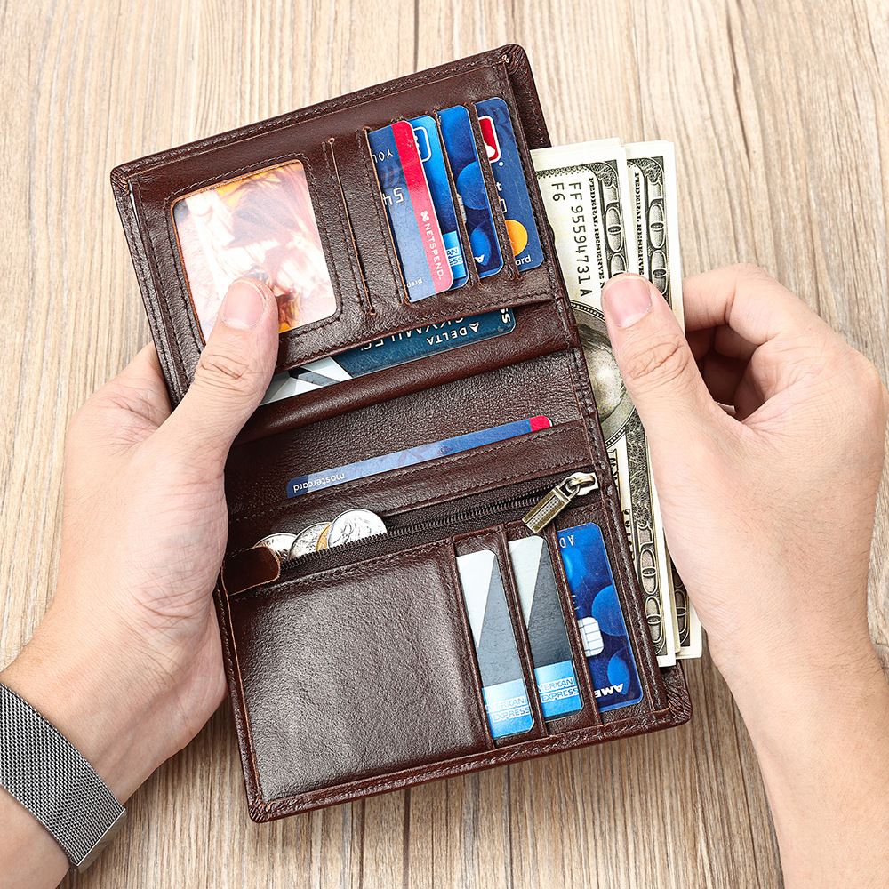 Ví nam da bò cao cấp gập ba nhiều ngăn thẻ chống trộm RFID — Đen, Nâu