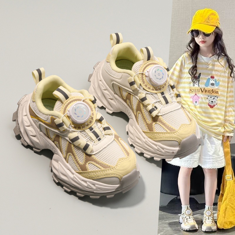 Girls' Sports Shoes Korean Style 2026 Spring and Autumn New Model Elementary School Students' Rotating Buckle Dad Shoes Double Mesh Breathable Casual Shoes