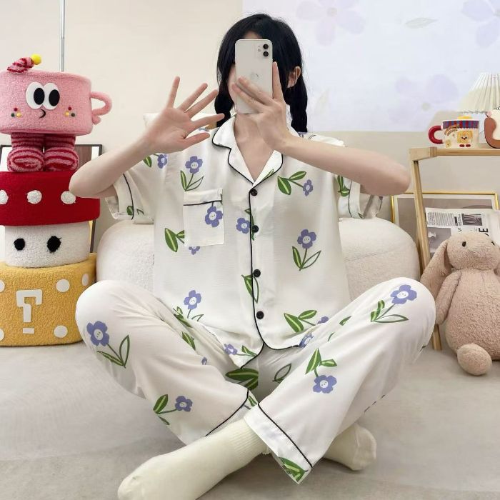 Vietnam transfronterizo al por mayor pijamas de verano para mujer, pantalones frescos de manga corta, cárdigan estampado, servicio a domicilio, dos trajes