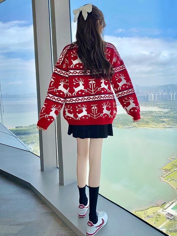 Nuevo otoño y el invierno atmósfera jacquard cuello redondo suéter de punto suelta Navidad ELK rojo perezoso retro abrigo image 4