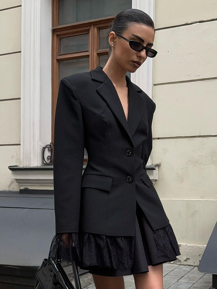 Áo blazer nữ phối ren chiết eo dáng trung bình tay dài cổ vest một hàng cúc — Màu trắng, màu đen chi tiết 23