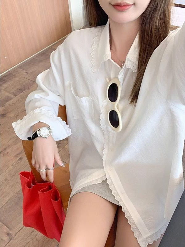 白色拼接蕾丝防晒长袖衬衫外套女中长款夏季宽松衬衣2025新款上衣|undefined