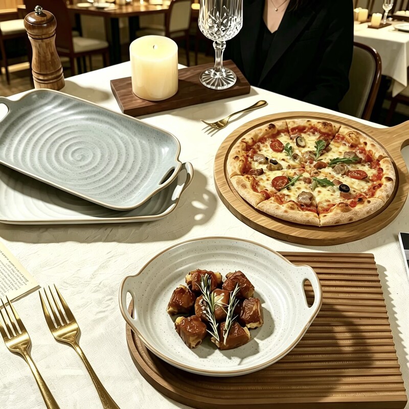 Vintage-style coarse ceramic double-handled ribbed high-value tableware 2026 new model, heat-resistant dish and fish plate for home use Vintage-style coarse ceramic double-handled ribbed high-value tableware 2026 new model, heat-resistant dish and fish plate for home use