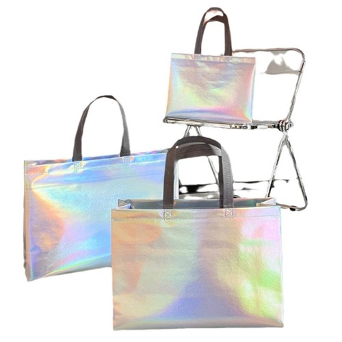 Colorful Laser Long Handle Nonwoven Tote Bag Print Logo Fashion Packaging Bag Women's Shoes Store Shopping Gift Bag 