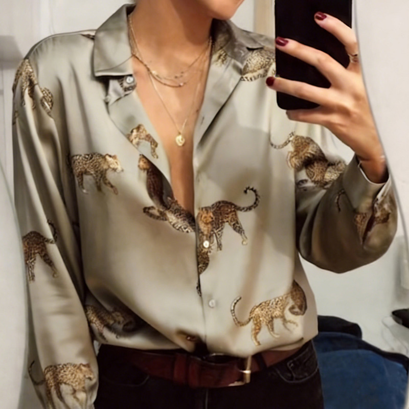 Cross-border European and American long-sleeve new stylish top, vintage V-neck leopard pattern casual shirt Cross-border European and American long-sleeve new stylish top, vintage V-neck leopard pattern casual shirt