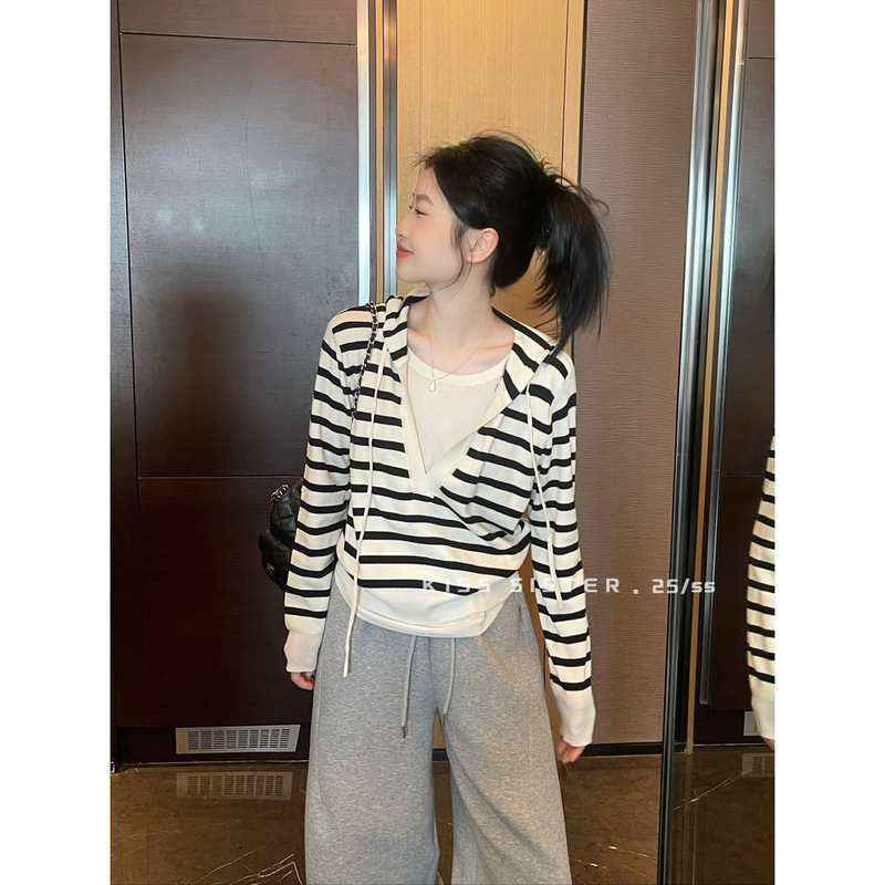 2025 Autumn/Winter New Korean Style Lazy V-Neck Hooded Fake Two-Piece Color-Block Waist-Tightening Long-Sleeve Knit Sweater for Women
