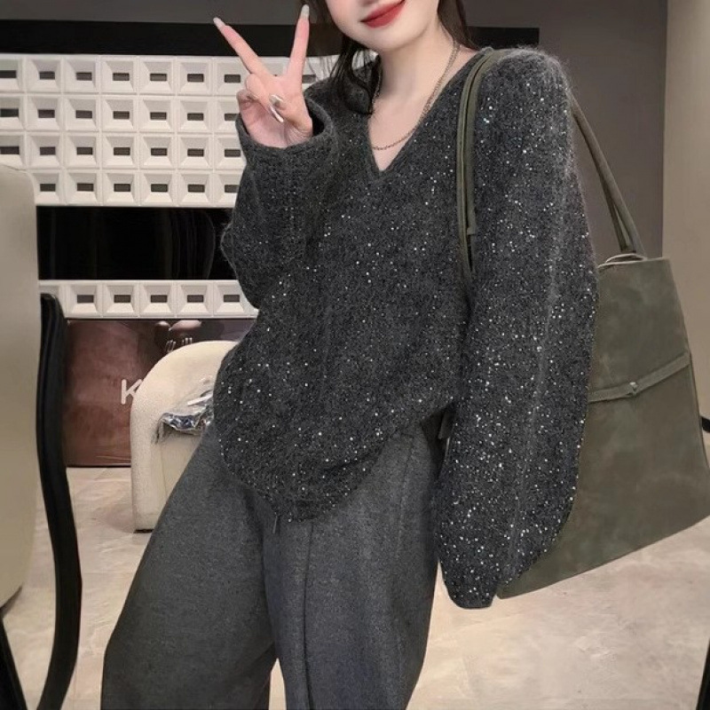 [Camiseta de fiesta] Suéter de manga larga con lentejuelas con cuello en v de otoño e invierno, top suelto de moda para mujer