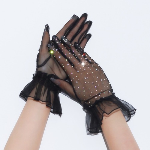 Nighttime Teaching Room Lolita Gloves Black Lace Trimmed with Rhinestones Short French Hepburn Style Dress Short Gloves