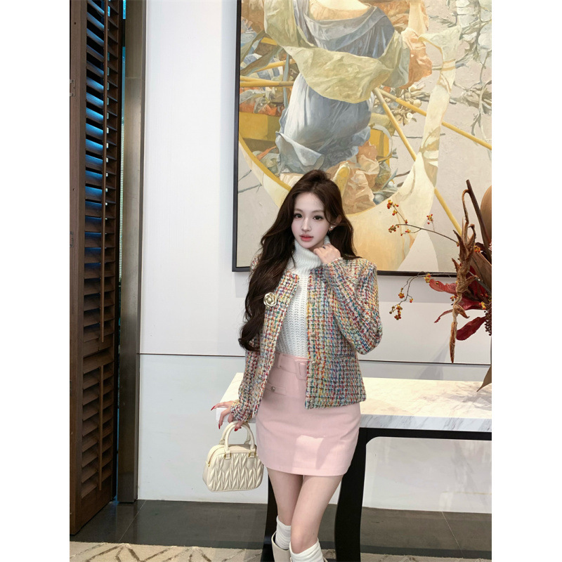 千金花色小香风粗花呢夹棉外套+无袖背心+A字裙包臀裙套装女