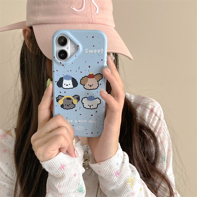 Cachorro de dibujos animados de cuero azul con salpicaduras de tinta para iPhone16promax funda para teléfono móvil 14 Apple 15P femenino 13/12
