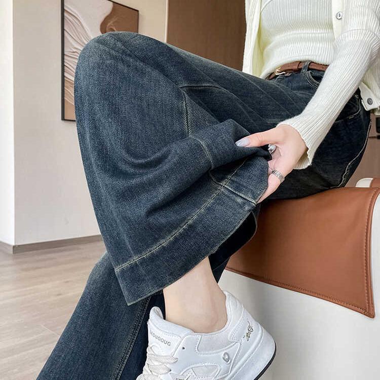 复古直筒牛仔裤女秋大码胖mm新款裤子高腰宽松拖地裤阔腿喇叭裤|undefined