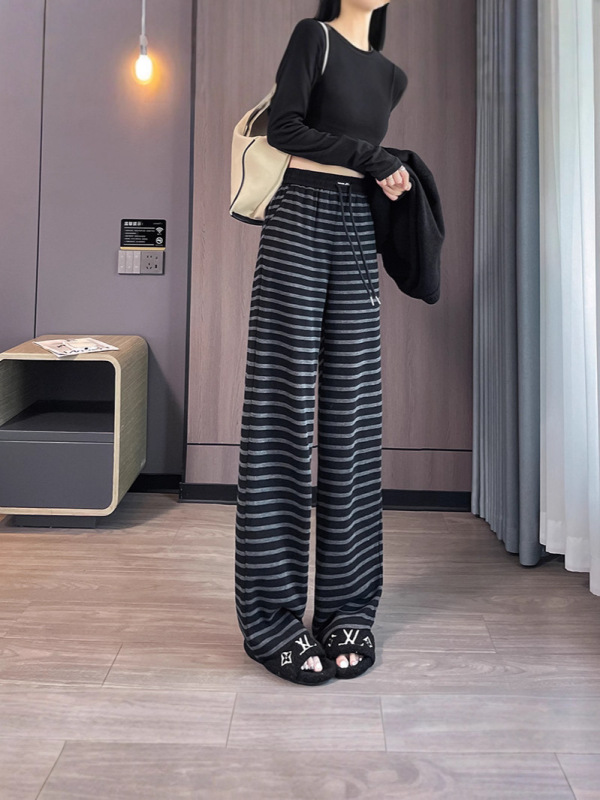 【2559】新款秋冬百搭针织条纹休闲裤女宽松直筒高腰显瘦拖地裤子|undefined