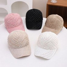 新款三排钻亮片人字花棒球帽女士韩版百搭时尚镂空针织棒球帽夏季