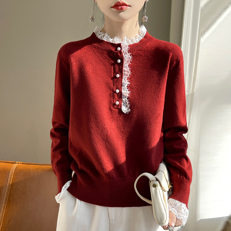 Half Turtleneck Lace Splicing Sweater Autumn and Winter Loose Wool Long-Sleeved Women's Outer Wear Small Fragrant Style Bottoming Shirt