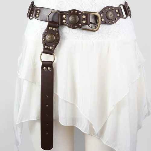 American retro belt for women, new rivet brown belt with jeans, Korean style versatile waist chain trend