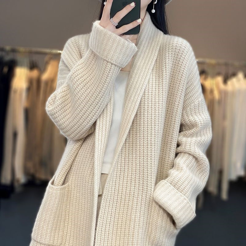 Cross-border foreign trade autumn and winter New knitted cardigan warm simple casual sweater coat mid-length loose top for women Cross-border foreign trade autumn and winter New knitted cardigan warm simple casual sweater coat mid-length loose top for women