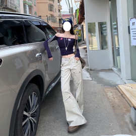 美式复古百搭休闲工装牛仔裤女春秋新款显瘦高腰多口袋拖地喇叭裤