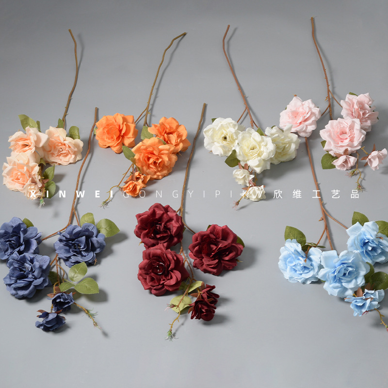 仿真5頭萊菲玫瑰 家居婚慶裝飾歐式復古焦邊玫瑰假花束人造花