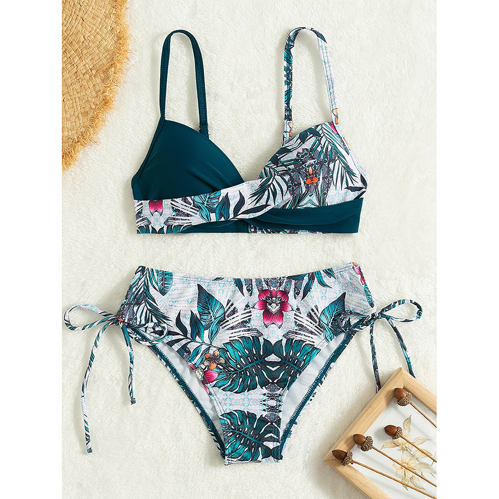 Moisture Wicking Function Flower Pattern Full Coverage Bra Cup Women's Flower Printing 2 Pieces Set Bikinis