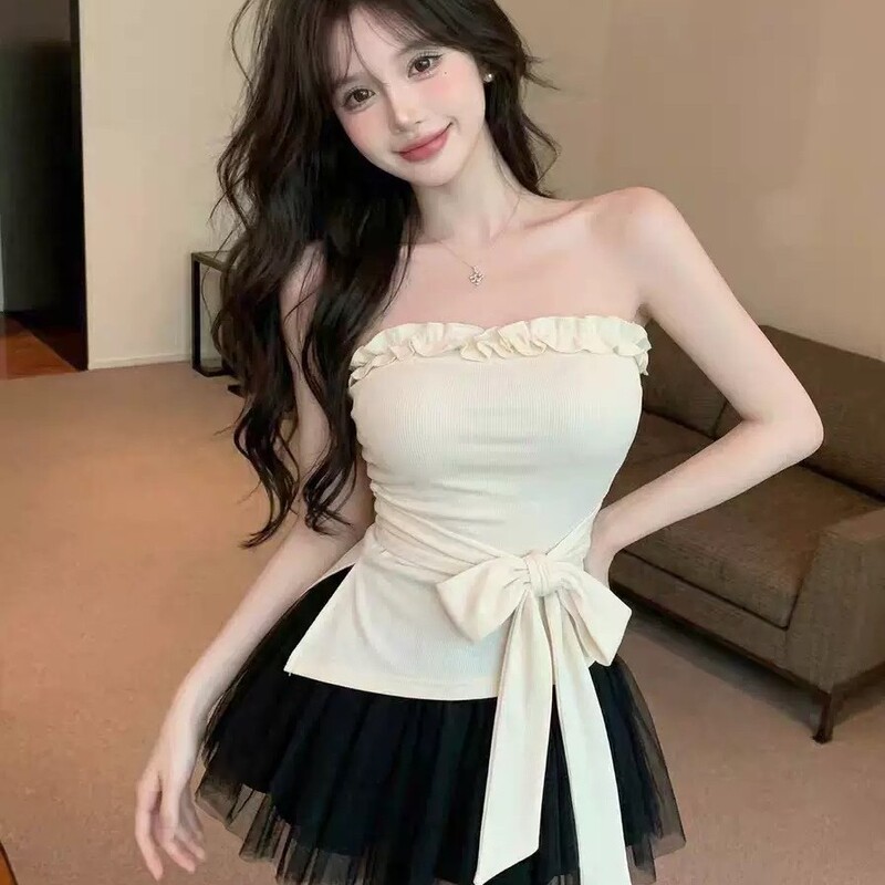 3008 # Summer New Style Pure Desire Style Ruffled Edge Patchwork Strapless Slim-Fit Women's One-Piece Top with Chest Pads
