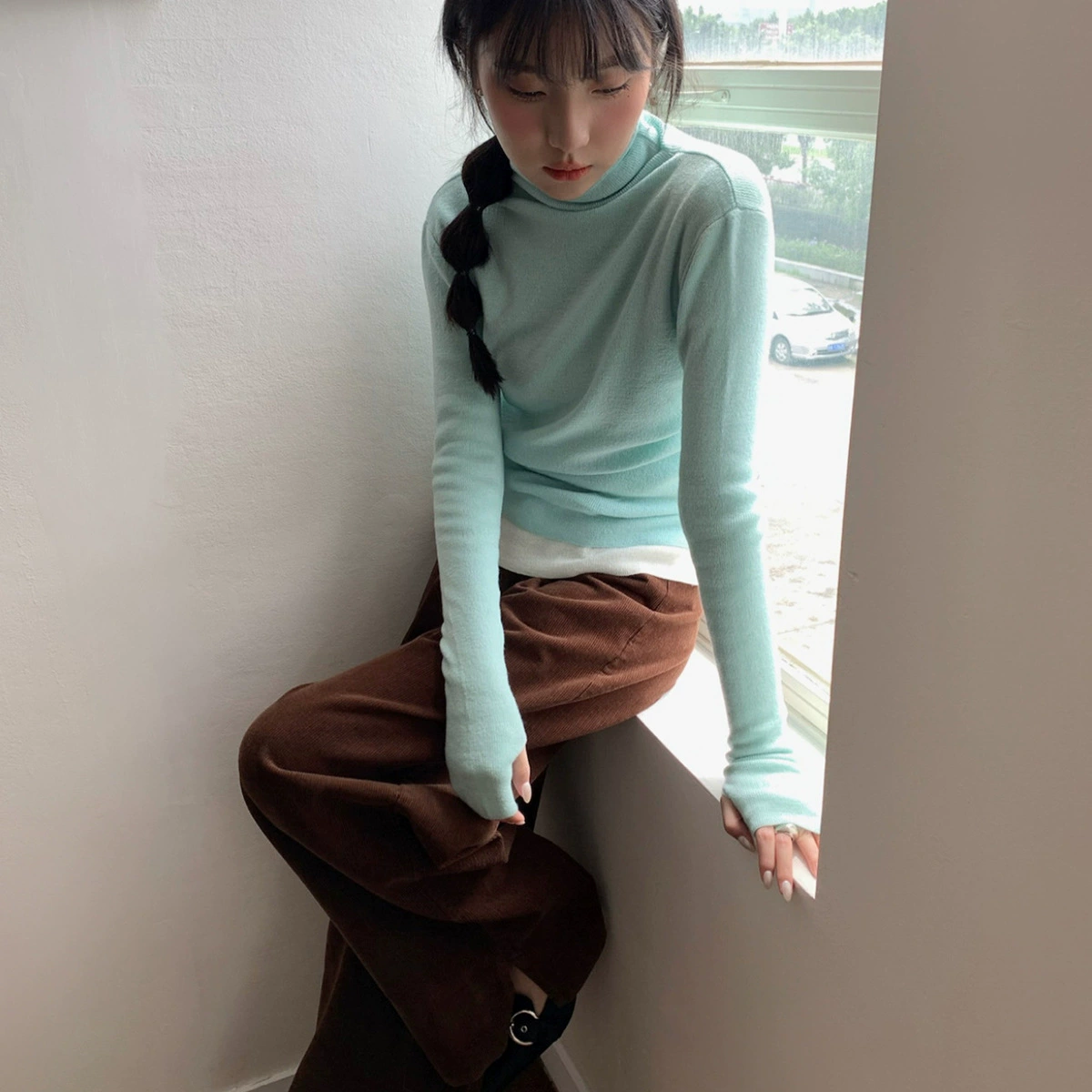 Женская однотонная вязаная Базовая рубашка с высоким воротником Eun Ou inbyin, Новинка осени и зимы 2023 года, Приталенный топ с длинными рукавами