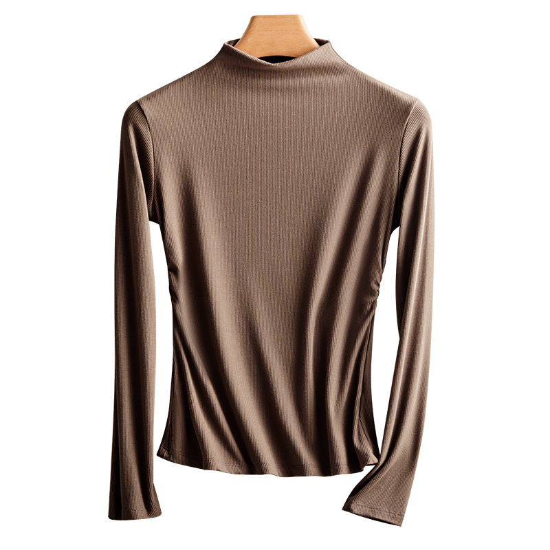 El nuevo cuello ligero y medio alto de hilo es una camisa de fondo de otoño e invierno delgada, alta elasticidad, agradable para la piel, transpirable, chaqueta cálida para mujer