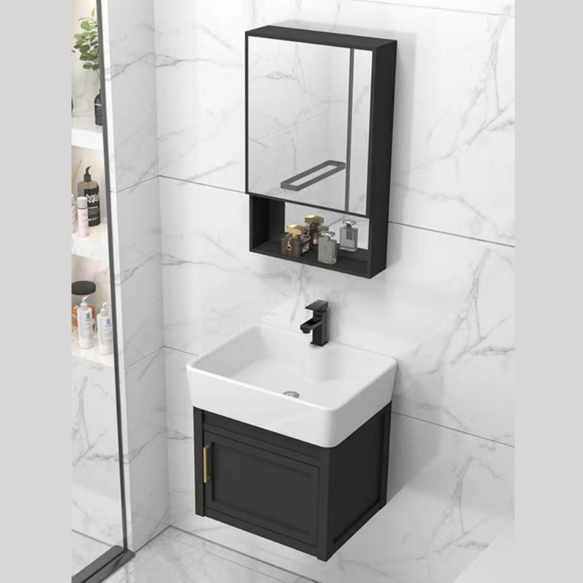 Gabinete de baño de aluminio espacial grueso pequeño tipo de hogar lavabo gabinete combinación lavabo tipo pared cerámica lavabo integral