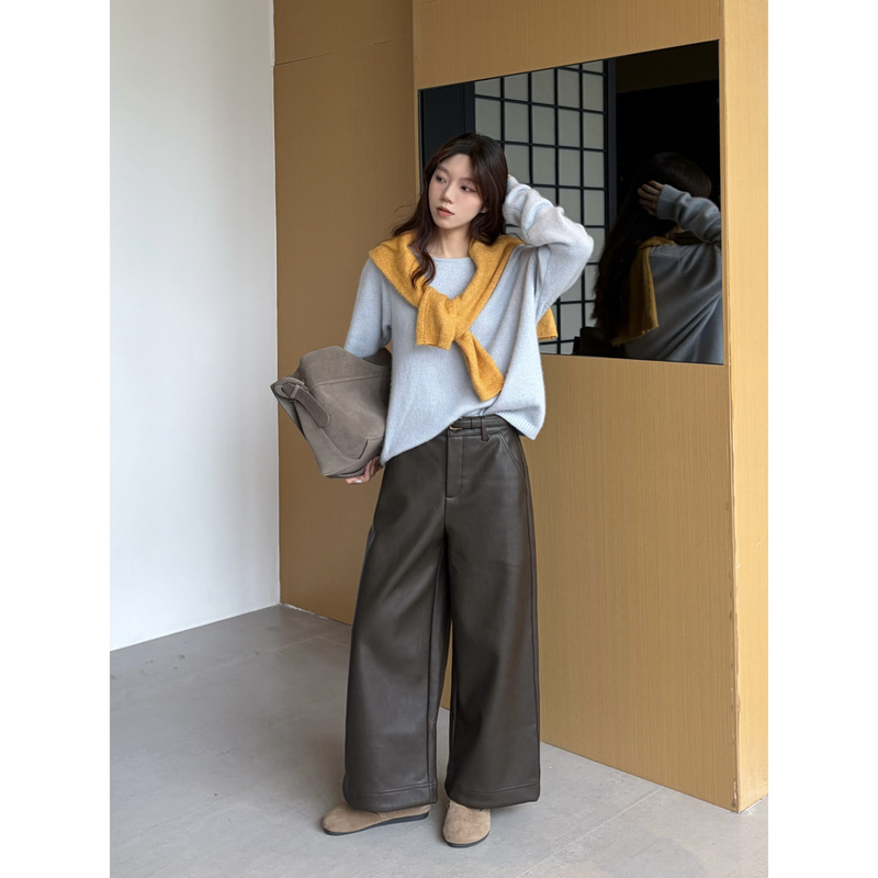 Icciicc Hot-Selling Style with Composite Fleece, Simple and Elegant Slim-Fit Pu Leather Pants, Straight-Leg Casual Pants for Women 0918A