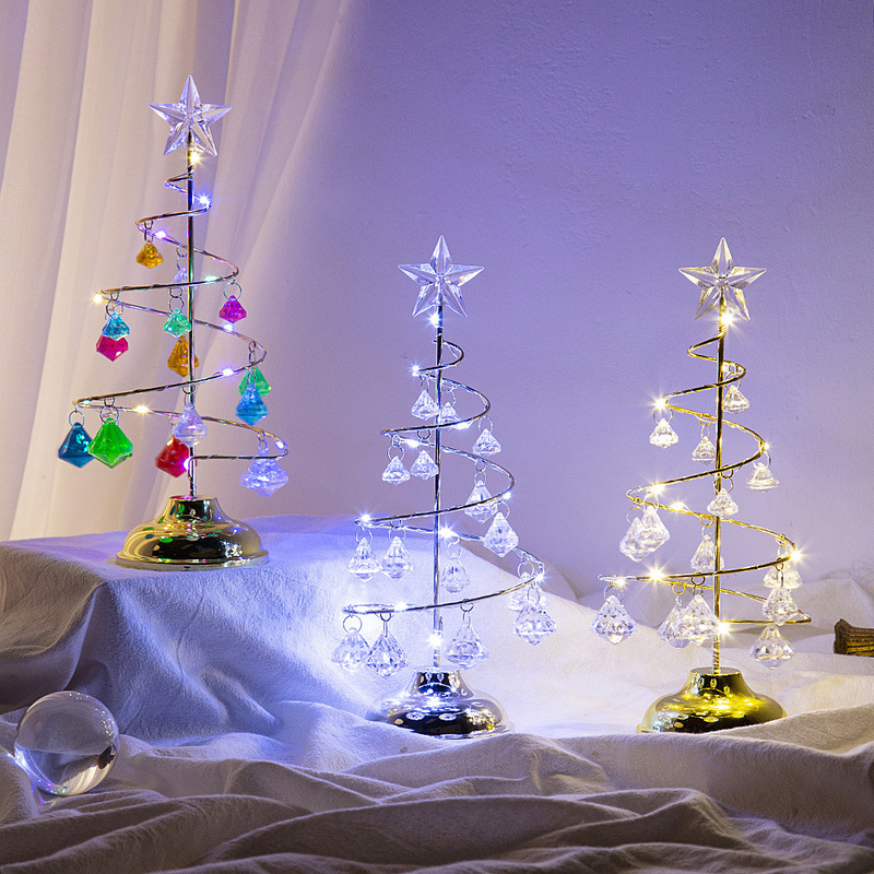 クリスマス装飾品プレゼントメッキ鉄芸樹LED発光水晶クリスマスツリー水晶置物夜灯|undefined