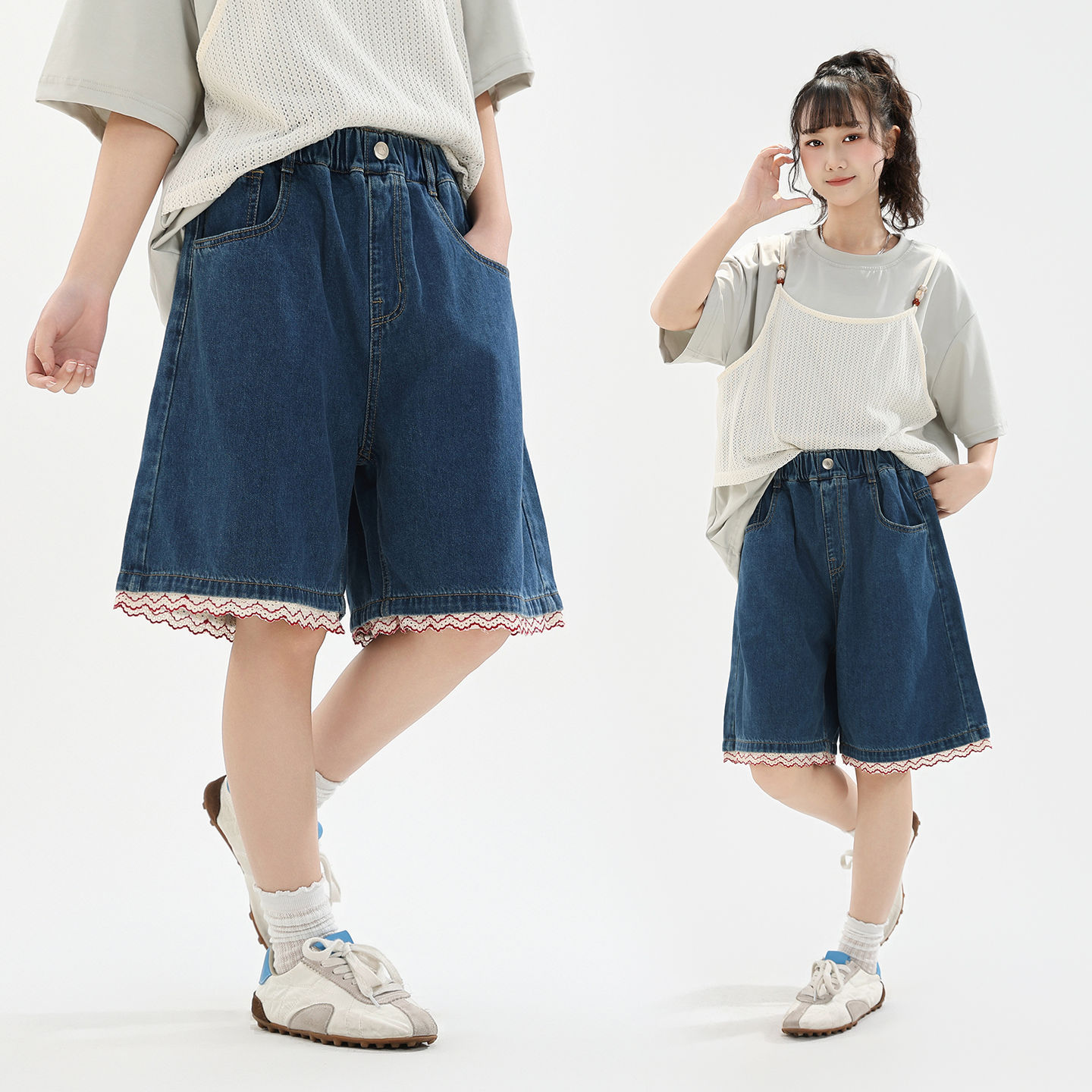 初中女童牛仔五分裤夏装中大童大码宽松水洗蕾丝牛仔薄款短裤学生