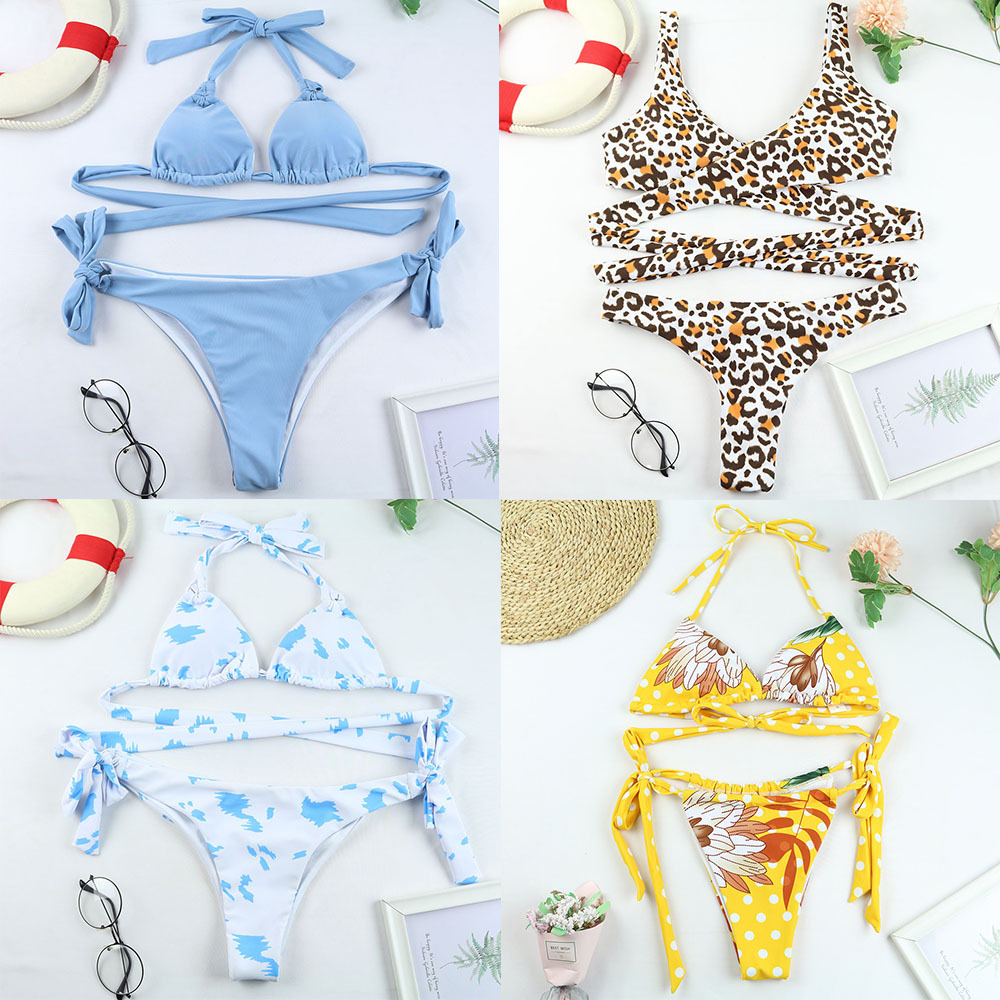 Mujeres Color Sólido Impresión Juego De 2 Piezas Bikinis Traje De Baño display picture 1