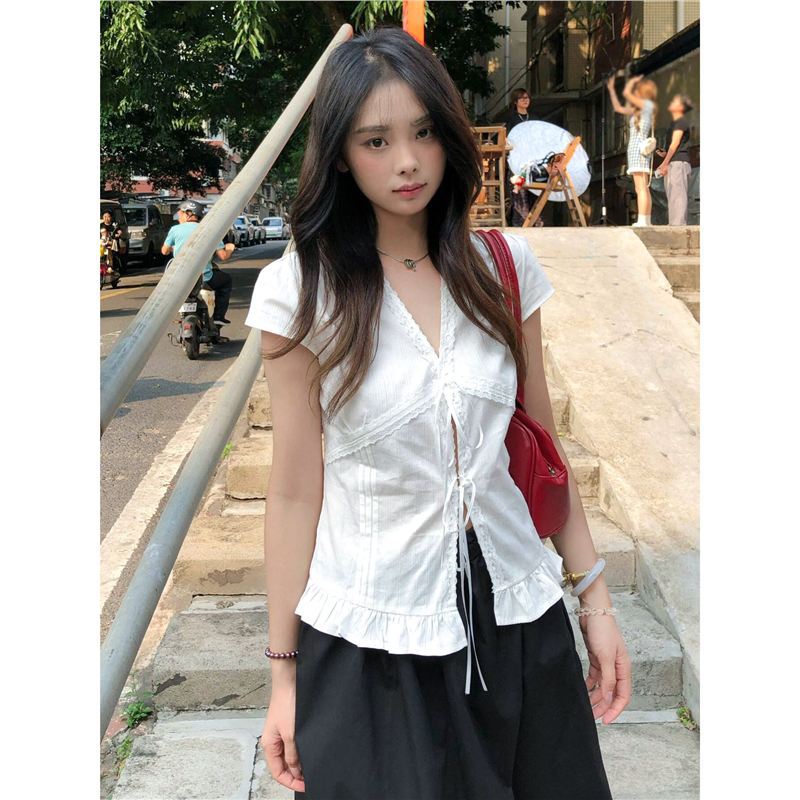 原版面料法式纯欲蕾丝花边系带白色短袖衬衫女夏显瘦收腰衬衣上衣